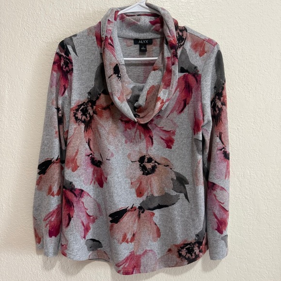 Alyx Sweaters - ALYX Womens Gray Floral Cowl Neck Long Sleeve Pullover Top Size M